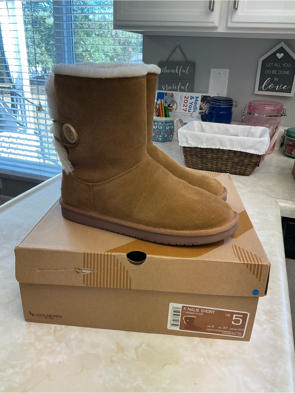 Koolaburra Tan Suede Button-Accent Kids Boot with White Faux-Fur